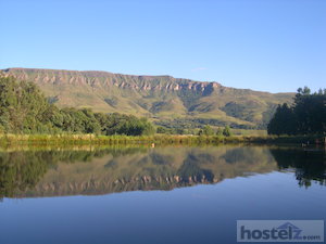  View from Drakensberg International Backpackers: Mount Lebanon reflected in pond near Highmoor 