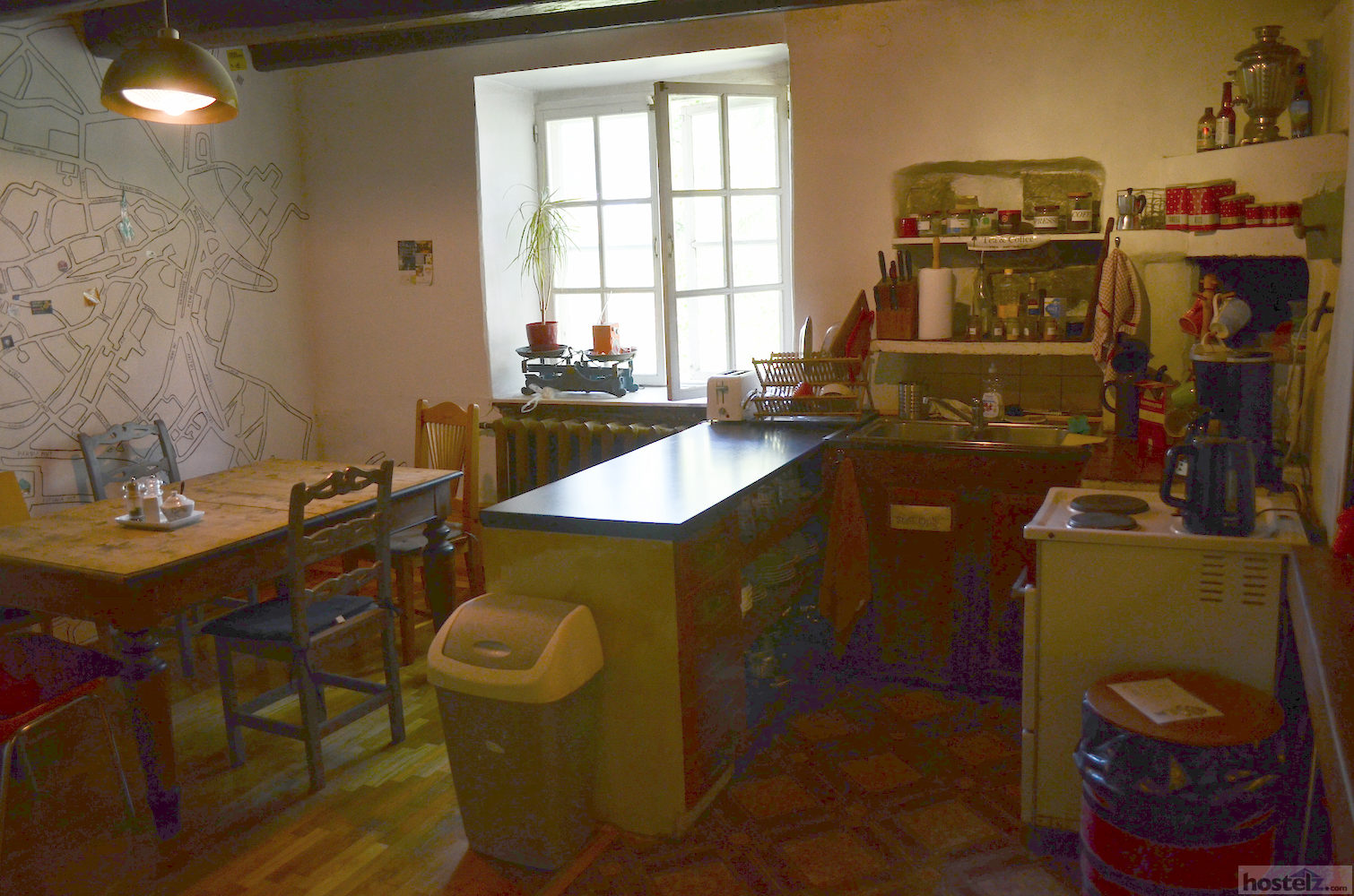 The kitchen area on the 1st floor of the hostel