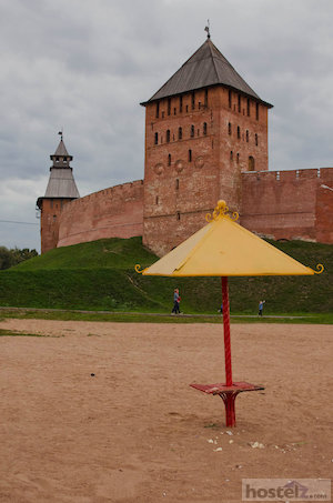  A sandy beach near the walls of the Novgorod Kremlin 