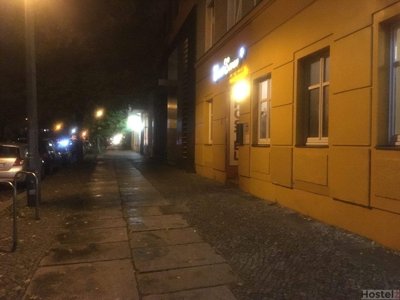 Hostel entrance (by night)