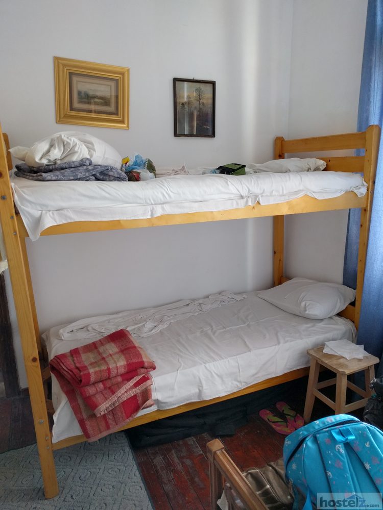 Bunk beds in a dorm room--no ladder, so a bit challenging to get to the top bunk.